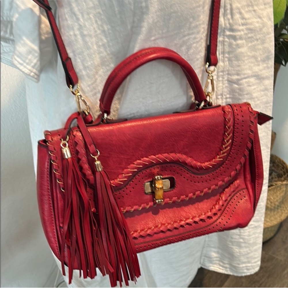 Elegant Red Vegan Leather Satchel with Tassels and Removable Shoulder Strap - Picture 9 of 9